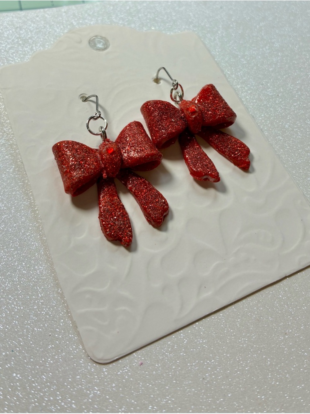 Red Glitter Bow Dangle Earrings